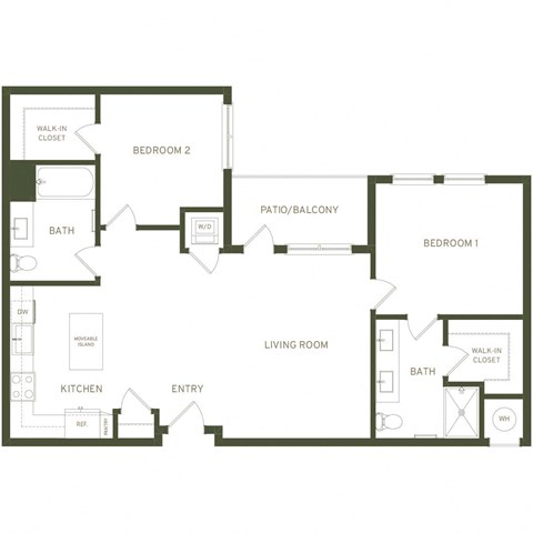 Floor plan for 2 beds, 2 baths, 1087 sqft